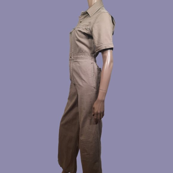 Vintage 70s Jumpsuit Flare Wide Leg Size S Utility Flight Suit Beige Full Zip - Picture 6 of 10